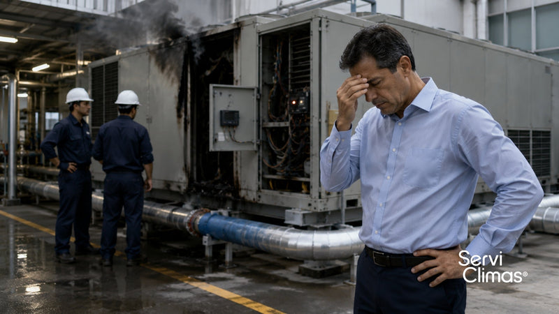 Hombre preocupado en planta industrial frente a un equipo central de climatización averiado con humo, con técnicos al fondo.